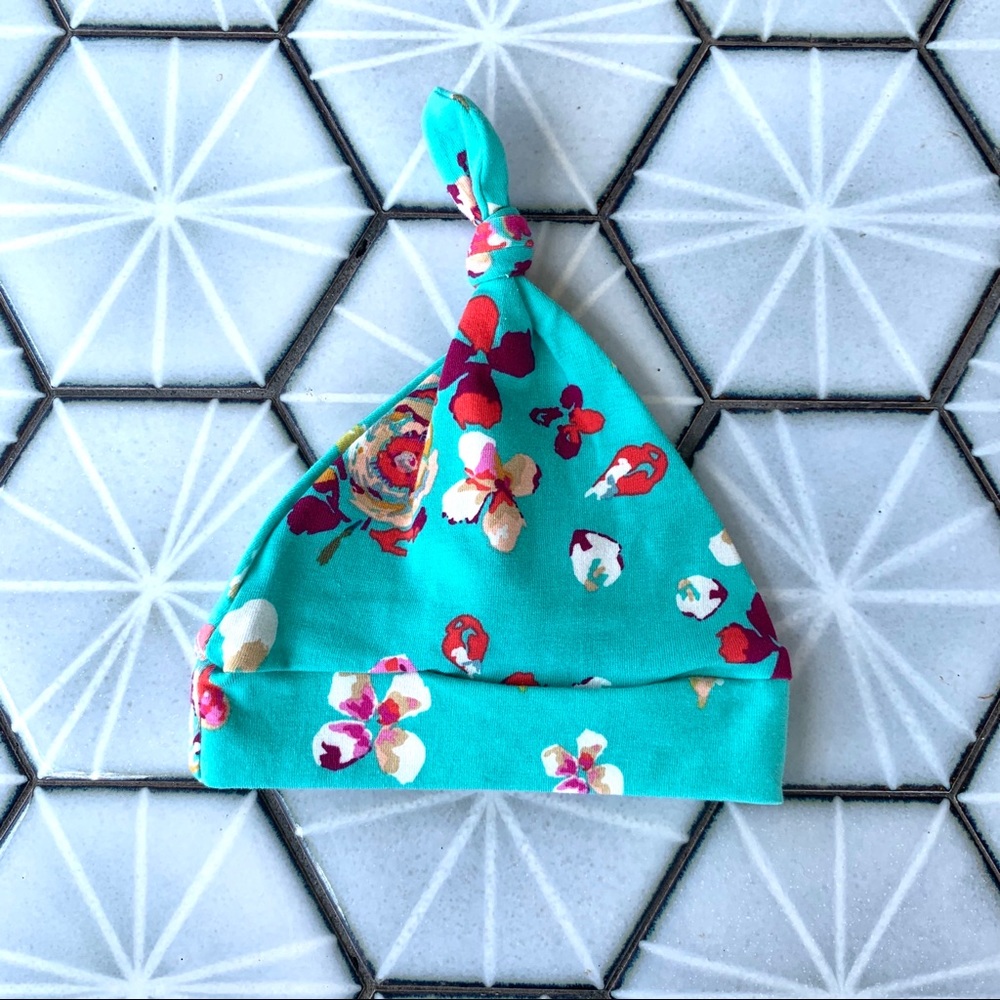 Infant Teal Floral Top Knot Hat